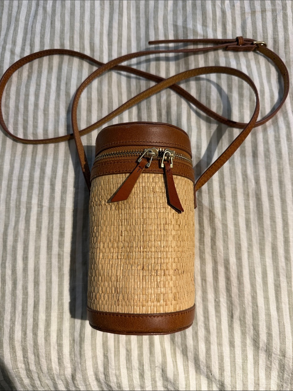 Woven Straw Cylinder Crossbody Bag with Brown Leather Trim